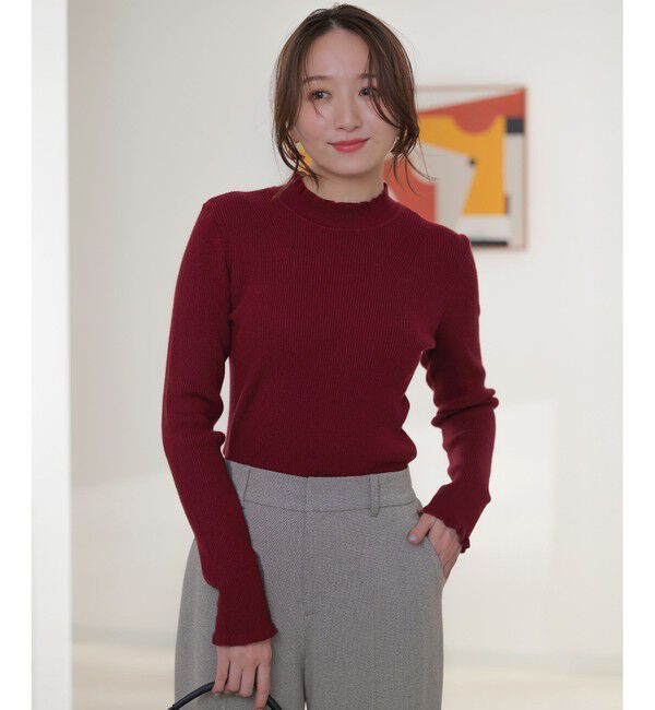 ANY SIS「CICA加工 フリルネック プルオーバー」|ニット・セーター|ボルドー