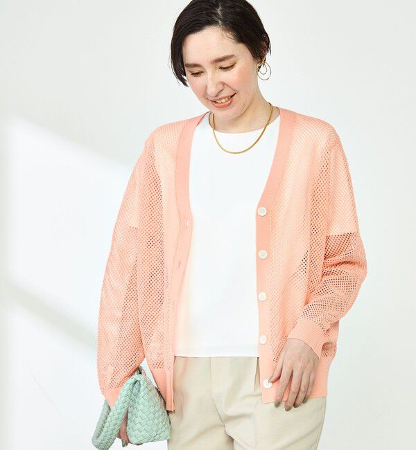 NOLLEY'S「《手洗い可能》メッシュ長袖Vネックカーディガン」|カーディガン|サーモンピンク