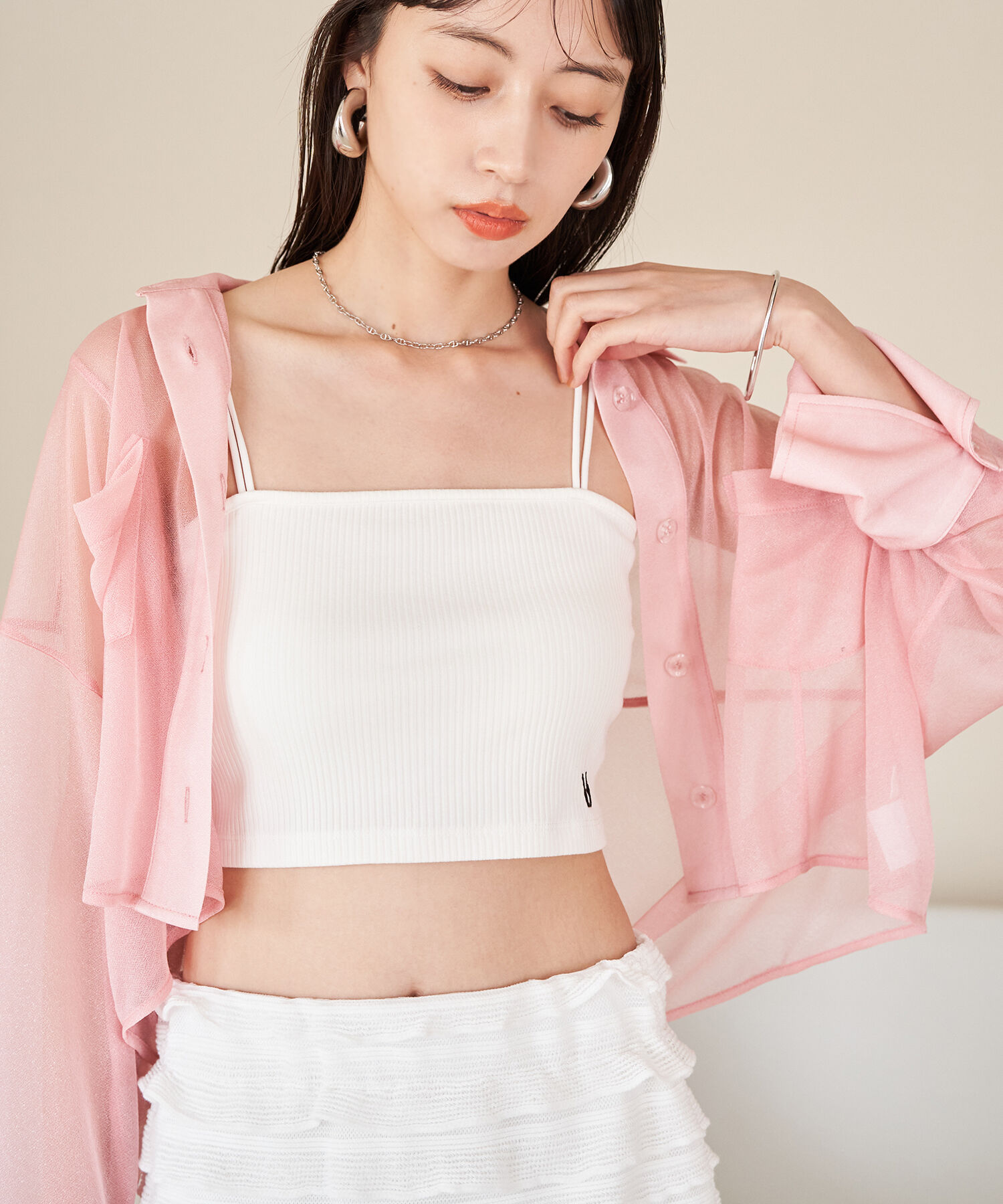 VIS「【選べる着丈】カップ付きロゴ刺繍Wストラップキャミソール【洗える】」|キャミソール|