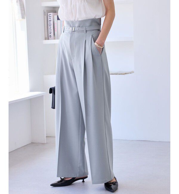 VIS「【新色追加】【防シワ/接触冷感】ベルトディテールタックワイドスラックスパンツ」|スラックス|サックス(48)