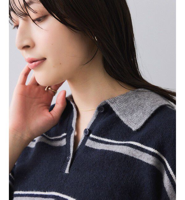 VIS「【WEB/一部店舗限定】ボーダー柄ポロニットプルオーバー」|ニット・セーター|