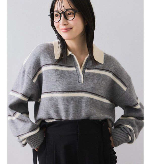 VIS「【WEB/一部店舗限定】ボーダー柄ポロニットプルオーバー」|ニット・セーター|