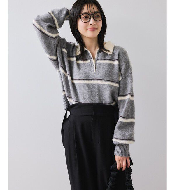 VIS「【WEB/一部店舗限定】ボーダー柄ポロニットプルオーバー」|ニット・セーター|