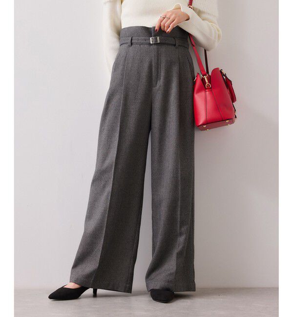 VIS「起毛ウールライク版ベルトディテールタックワイドパンツ」|チノ|