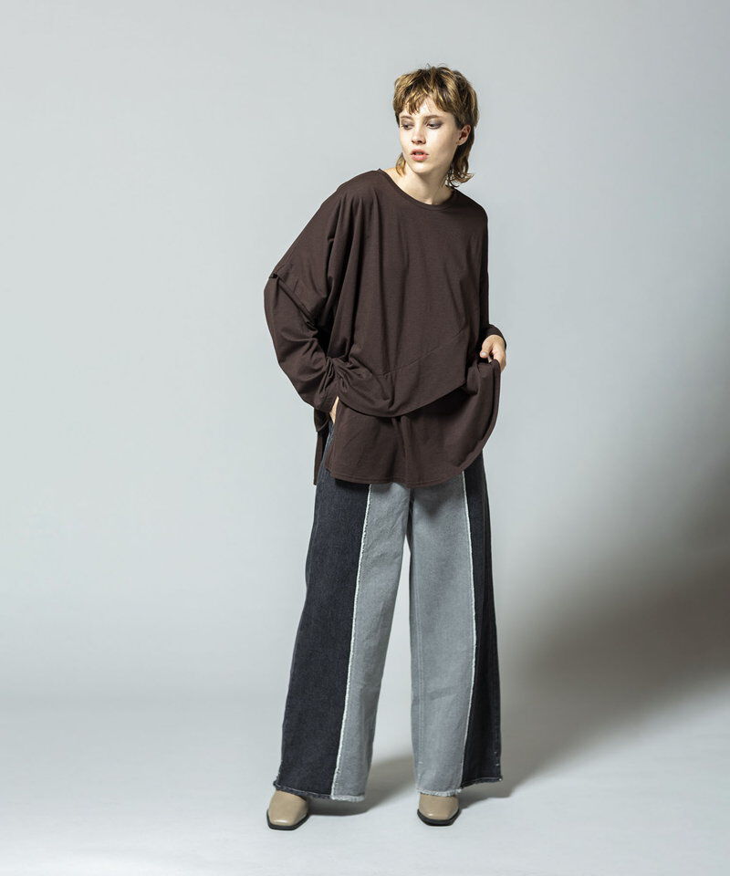  「切替デニムワイドパンツ」|デニム|