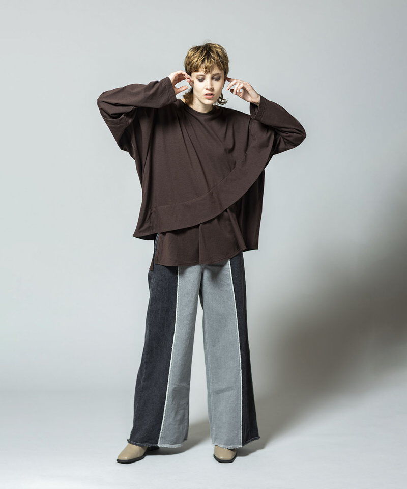  「切替デニムワイドパンツ」|デニム|