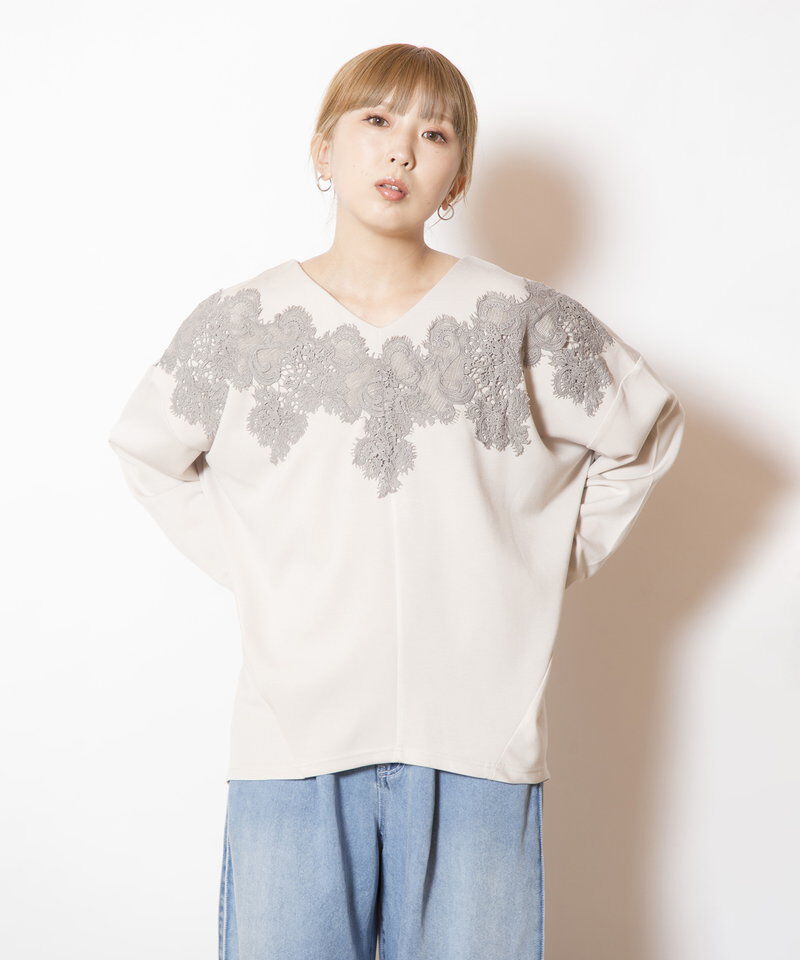  「レースモチーフVネックプルオーバー」|Tシャツ・カットソー|