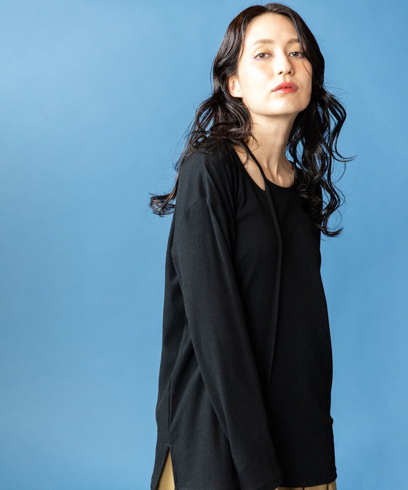  「アシンメトリーテレコ長袖Tシャツ」|Tシャツ・カットソー|BLACK