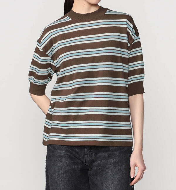  「MEYAME |〈別注〉コットンニット ボーダー半袖Tシャツ WOMEN」|ニット・セーター|BROWN系1