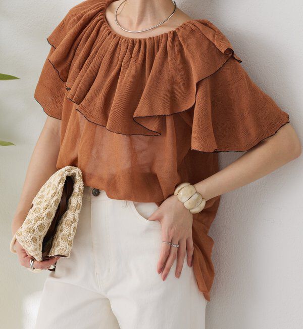  「ラッフルオフショルダーシアーニット」|ニット・セーター|