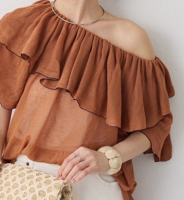  「ラッフルオフショルダーシアーニット」|ニット・セーター|