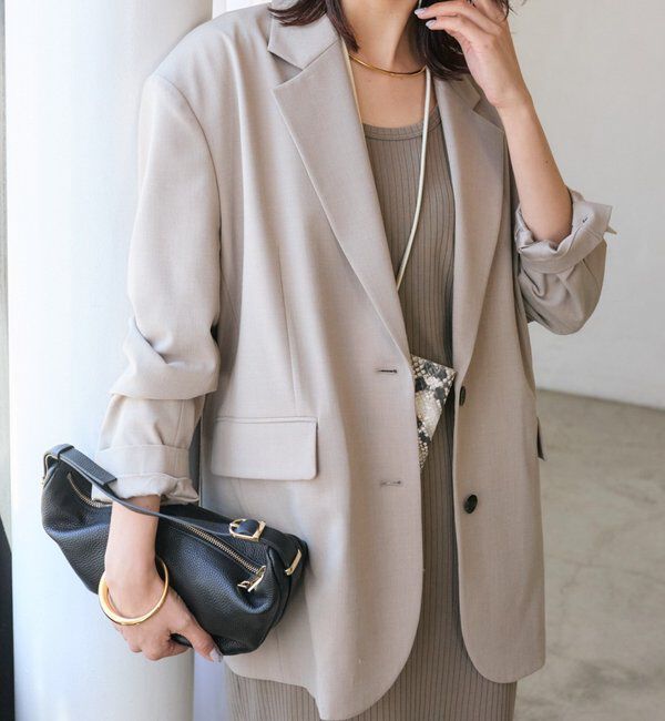  「【こなれ感抜群/接触冷感機能付き】ワイドショルダージャケット」|テーラードジャケット|ベージュ