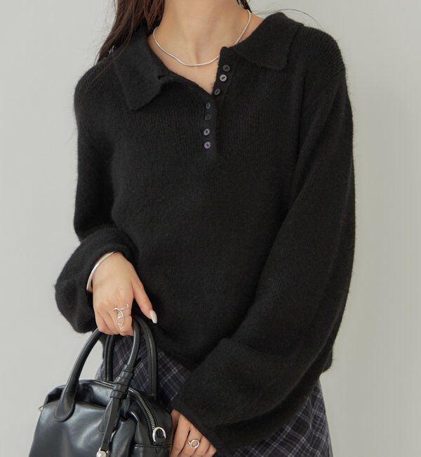  「襟付きロングスリーブニット」|ニット・セーター|ブラック