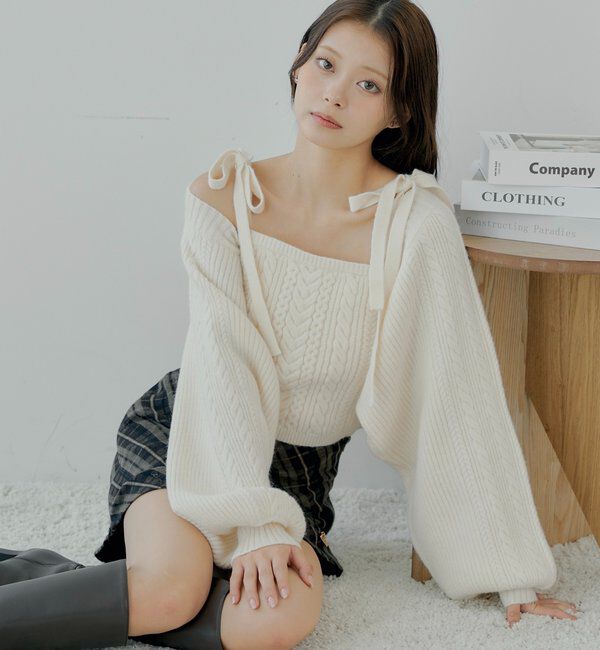  「ケーブルリボンキャミ+ボレロセット」|ニット・セーター|アイボリー