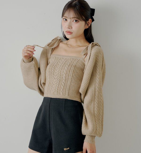  「ケーブルリボンキャミ+ボレロセット」|ニット・セーター|