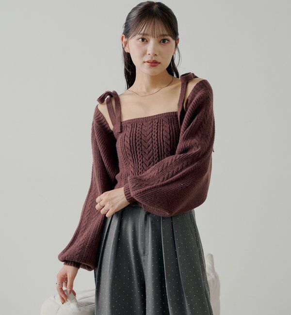  「ケーブルリボンキャミ+ボレロセット」|ニット・セーター|