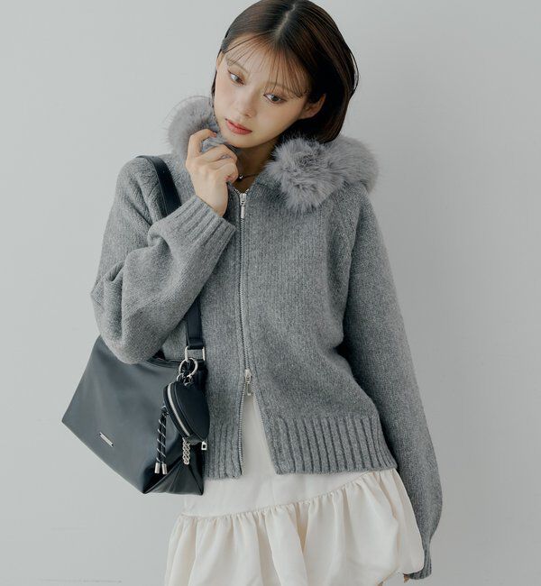  「【SALON by Chico】フードファーWジップニットカーディガン」|ニット・セーター|