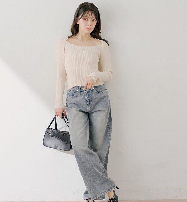  「ラインストーンロゴワイドデニムパンツ」|デニム|