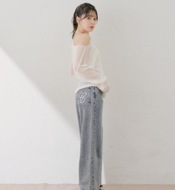  「ラインストーンロゴワイドデニムパンツ」|デニム|