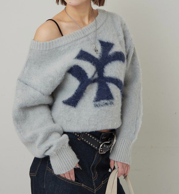  「MOHAIR-TOUCH OFF SHOULDER KNIT TOP」|ニット・セーター|グレー