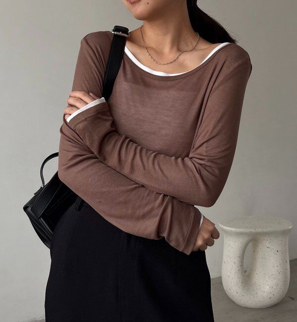  「【前後2WAY】2WAYボートネックシアーロンT」|Tシャツ・カットソー|ブラウン