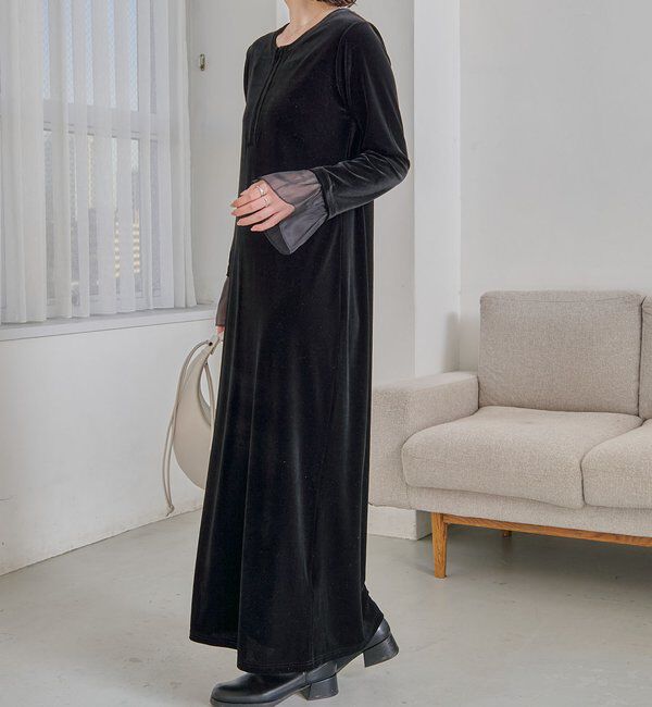  「【低身長サイズあり】フレアスリーブベロアワンピース」|ワンピース|