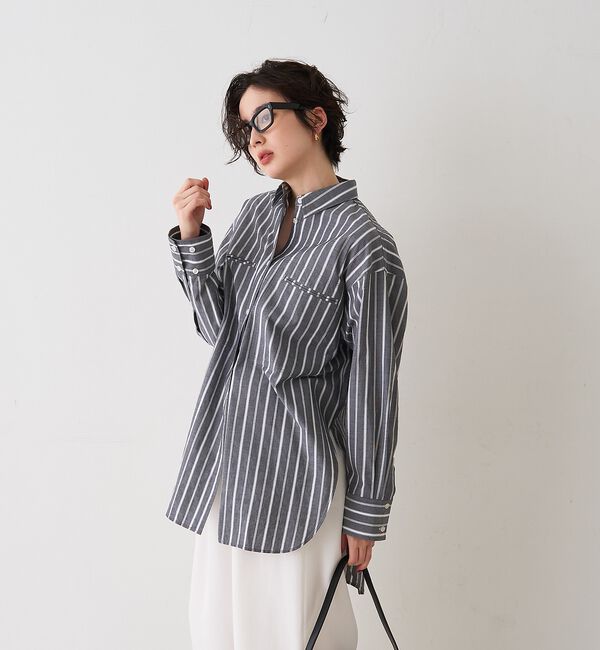 Rouge vif「胸ポケットコットン ルーズフィットストライプシャツ」|シャツ・ブラウス|