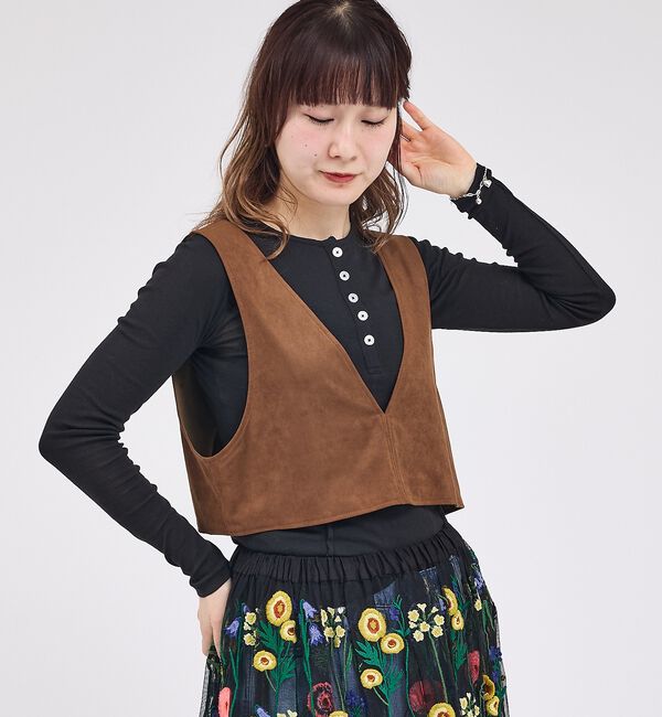 Rouge vif「【Le Melange/ル・メランジュ】ECOスウェードビスチェ/フェイクレザー」|ベスト・ジレ|