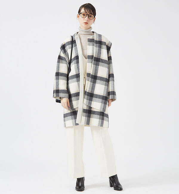 qualite「チェックダブルフェイスストールコート」|ノーカラーコート|