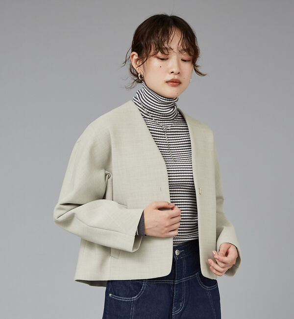 qualite「ボンディングショートコート」|ノーカラーコート|ベージュ