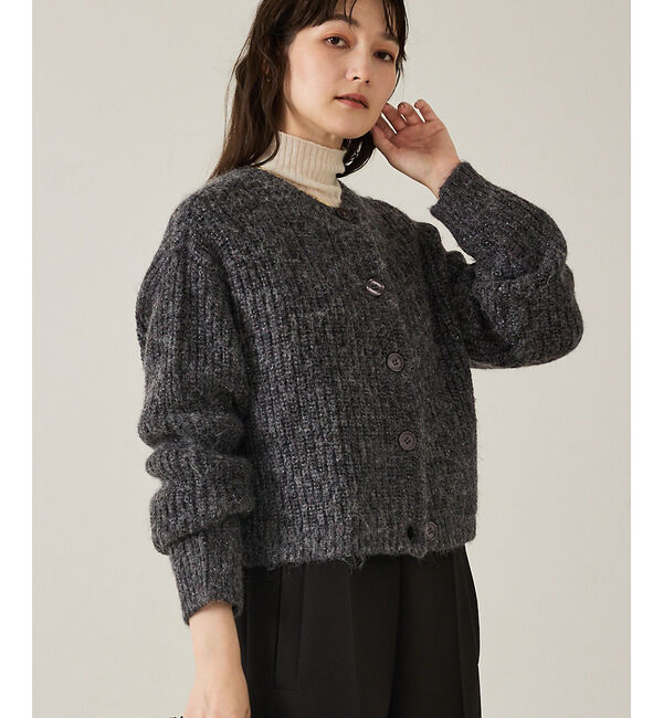 qualite「【前後で着回し可能】2WAYラメニットカーディガン」|カーディガン|グレー