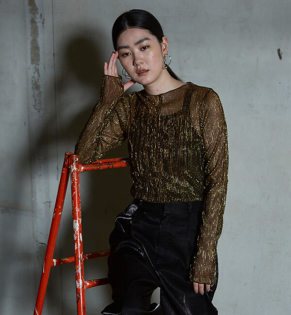 NOMINE「ラメ シアー プリーツ トップス （ロンＴ)」|Tシャツ・カットソー|