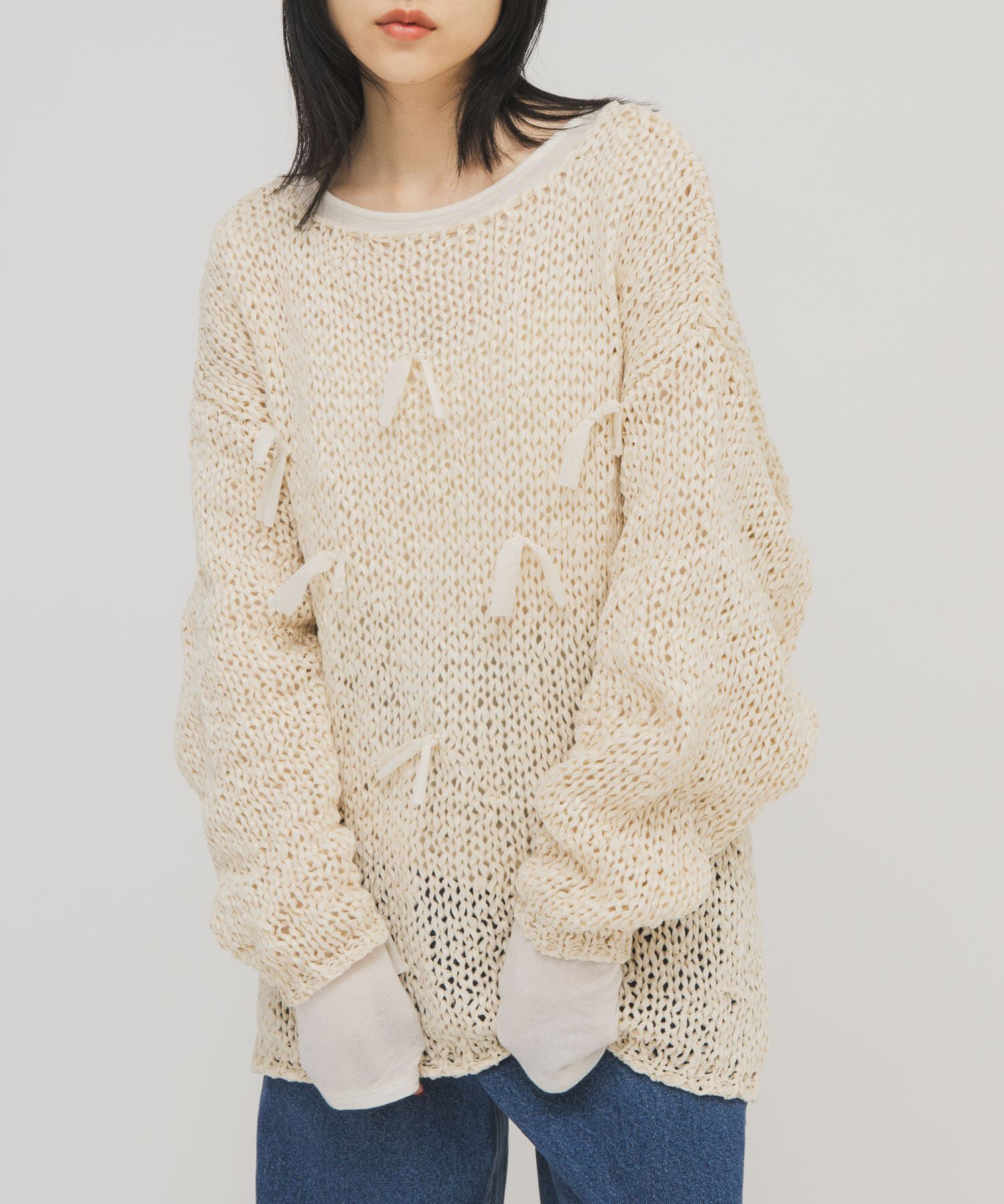  「テープヤーンリボンオーバーニット」|ニット・セーター|アイボリー