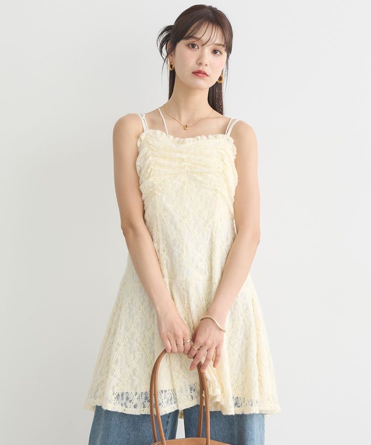 earth music&ecology「フロントギャザー起毛レースミニワンピース」|ワンピース|