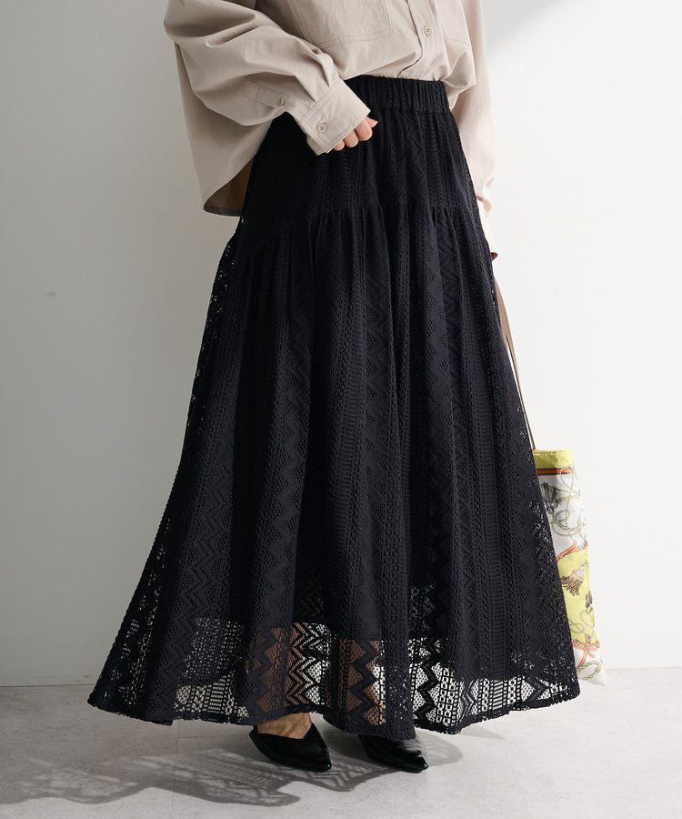 Green Parks「ラウンド切替インドコットンレーススカート」|フレア|Black