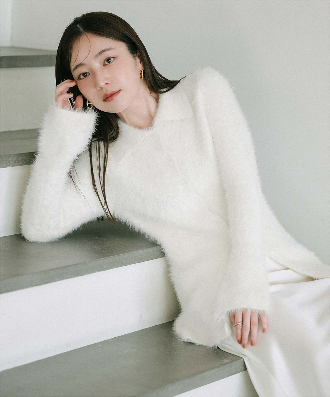 ur's「【yukiさんコラボアイテム】襟付きシャギーニットカーディガン」|ニット・セーター|