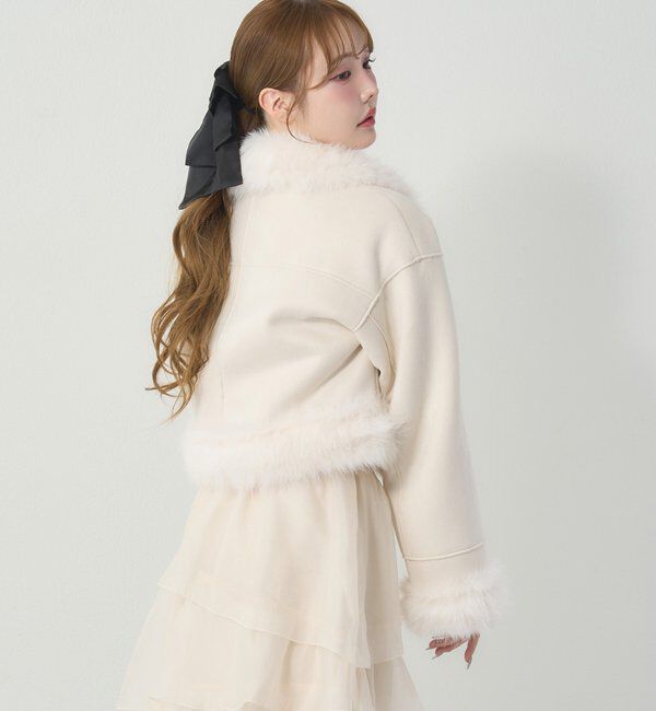  「【リボン取り外し可能】フェイクムートンリボンアウター」|ダウンベスト・ベスト|