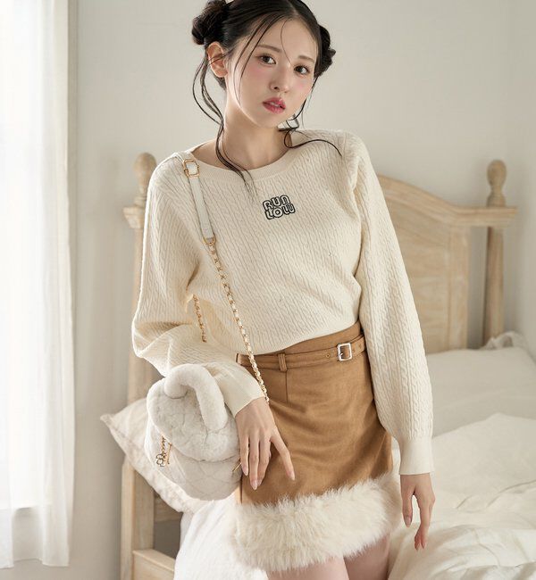  「キラキラ付ロゴ刺繍ケーブルニット」|ニット・セーター|