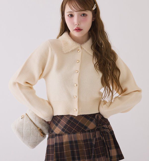  「シャギー襟配色ポロニット」|ニット・セーター|アイボリー