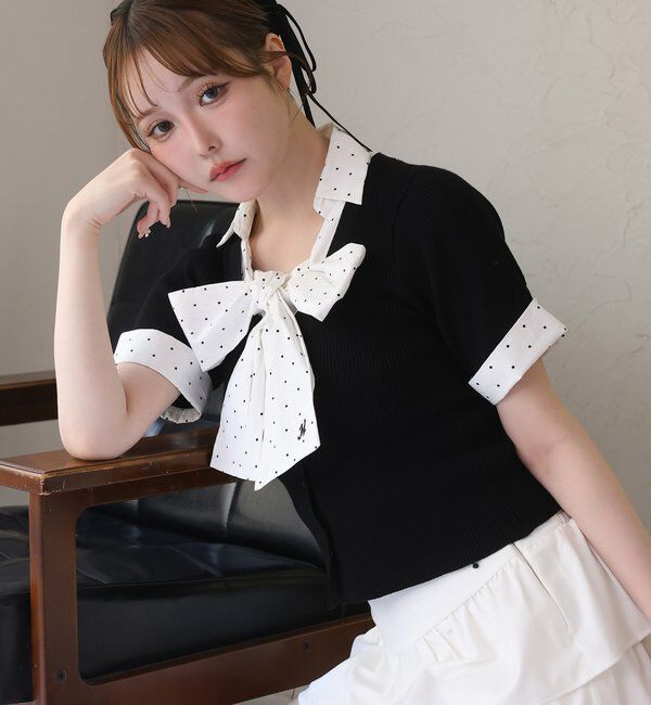  「【リボン取り外し可能】リボンシャツドッキングニット」|ニット・セーター|