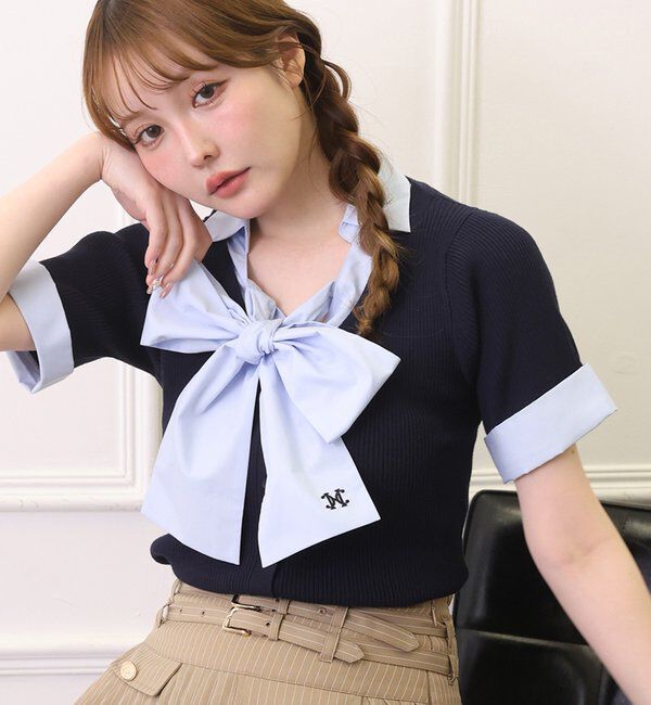  「【リボン取り外し可能】リボンシャツドッキングニット」|ニット・セーター|