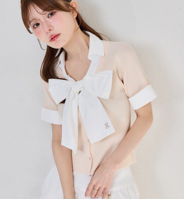  「【リボン取り外し可能】リボンシャツドッキングニット」|ニット・セーター|ピンク