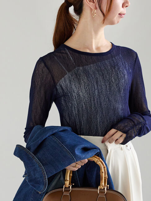 Te chichi「【宮本茉由着用】ランダムドットチュールギャザートップス」|Tシャツ・カットソー|ネイビー