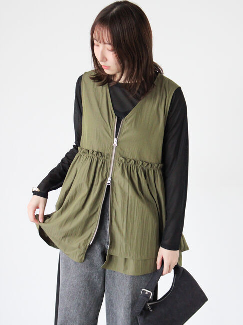Te chichi TERRASSE「ナイロンペプラムベスト」|ダウンベスト・ベスト|カーキ