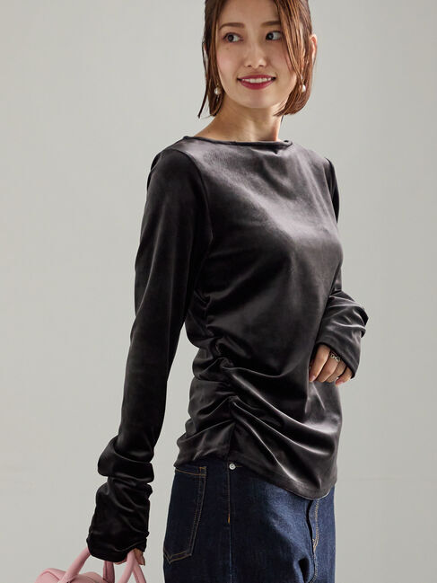 Te chichi「ベロアサイドギャザートップス」|Tシャツ・カットソー|チャコールグレー