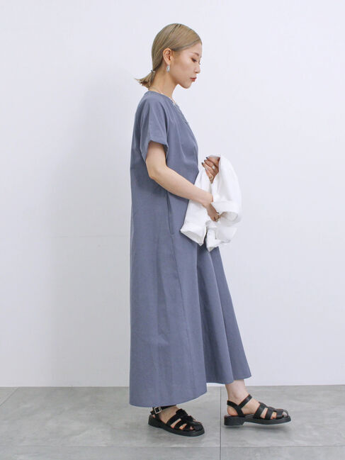 Samansa Mos2 blue「【イージーケア】リネン混マキシフレアワンピース」|ワンピース|