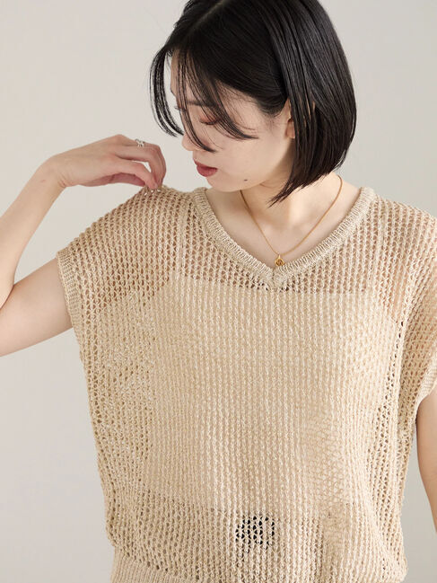 Samansa Mos2 blue「メランジラメメッシュニットベスト」|ニット・セーター|ベージュ