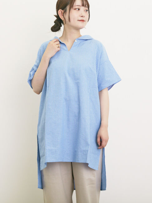 Samansa Mos2「【クールコットン】柄アソートスキッパーチュニック」|シャツ・ブラウス|ブルー