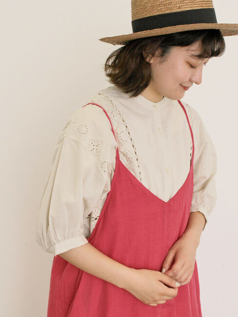 Samansa Mos2「レース切替バンドカラーブラウス」|シャツ・ブラウス|ベージュ