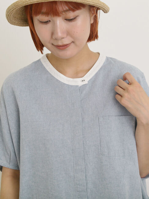 Samansa Mos2「【クールコットン】柄アソートクレリック袖タックブラウス」|シャツ・ブラウス|サックスブルー